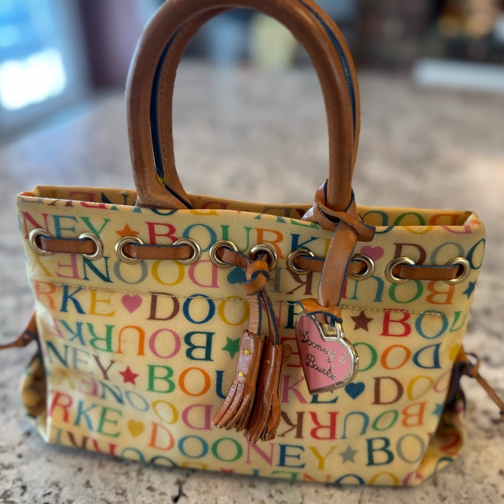 Dooney & Bourke Multicolor Logo Canvas Tote with Tan Leather
